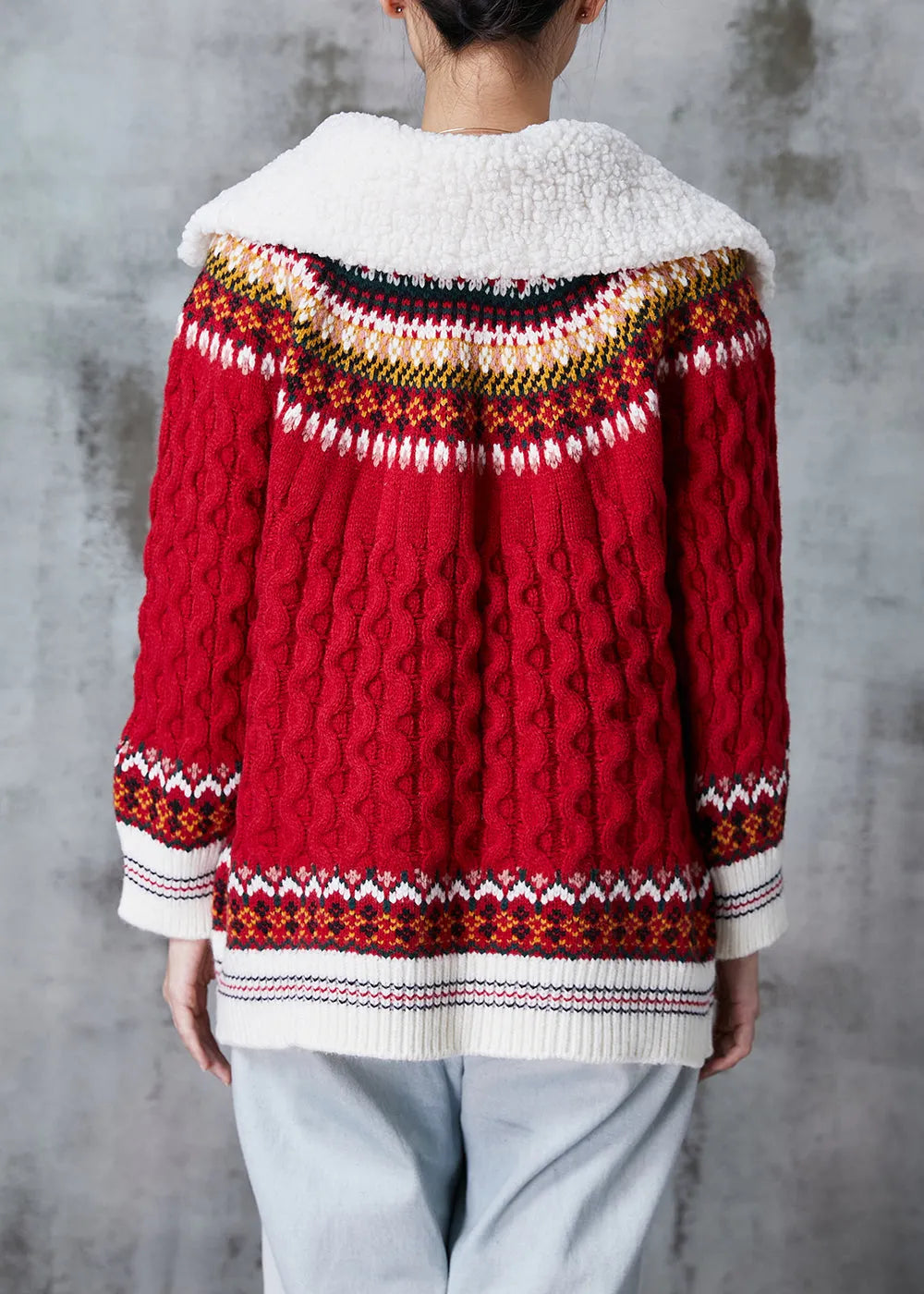 Red Peter Pan Collar Print Knit Cardigan Spring