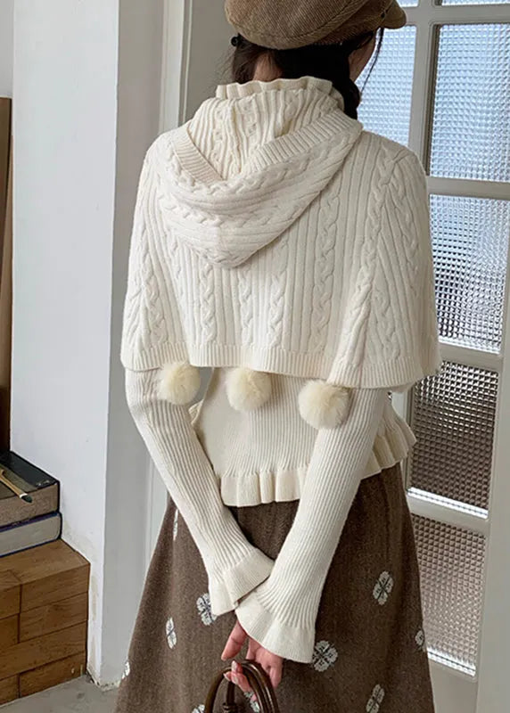 White Ruffled Cotton Knit Cloak and Sweaters Two Pieces Set Flare Sleeve
