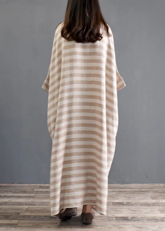 Khaki Striped Patchwork Oversized Cotton Long Dresses O-neck Half Sleeve