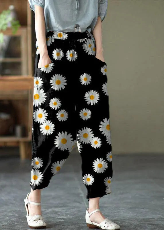 Art White Stripes Tie Waist Pockets Summer Harem Pants Linen