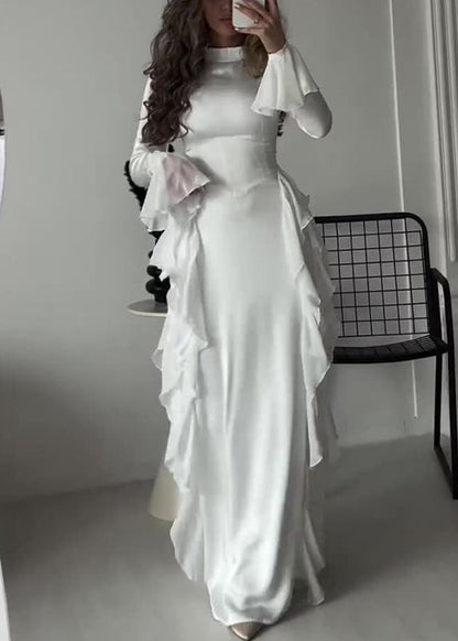 White Ruffled Patchwork Chiffon Ankle Dress Flare Sleeve