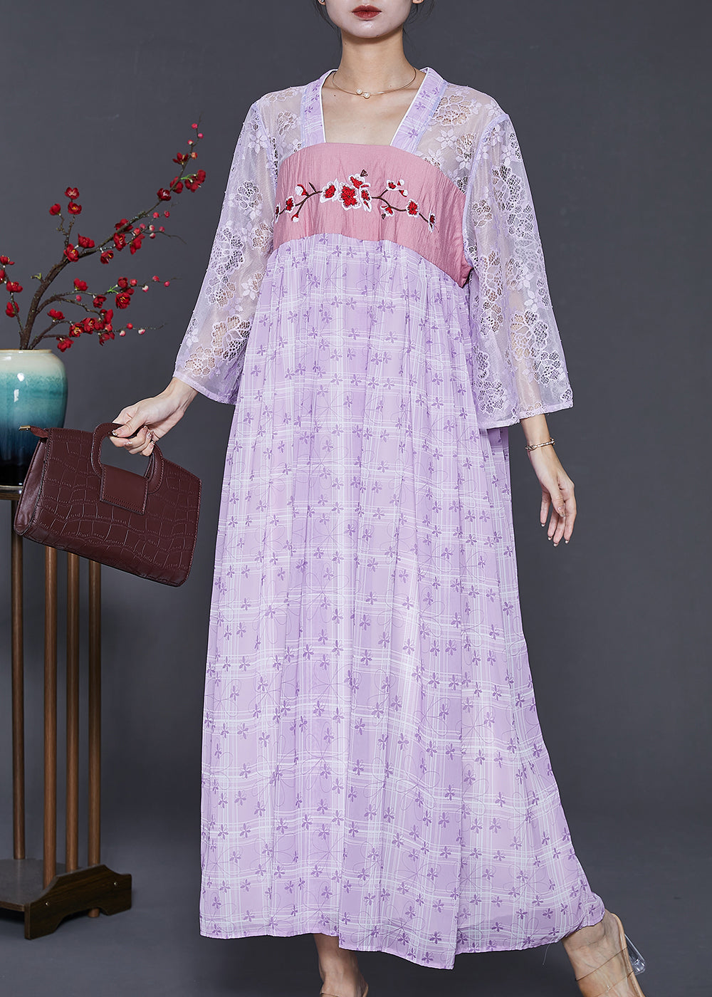 Purple Embroidered Hollow Out Chiffon Long Dress Summer