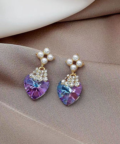 Purple Sterling Silver Inlaid Zircon Crystal Pearl Love Drop Earrings