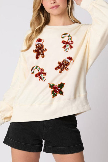 Christmas Gingerbread Man Sequin Casual Long-Sleeve Sweatshirt