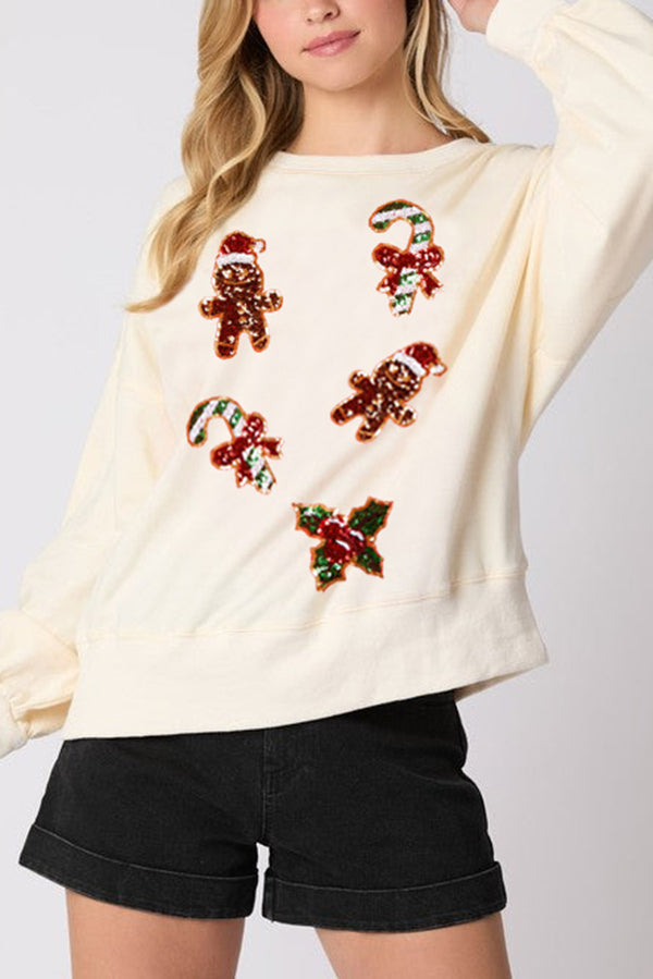 Christmas Gingerbread Man Sequin Casual Long-Sleeve Sweatshirt
