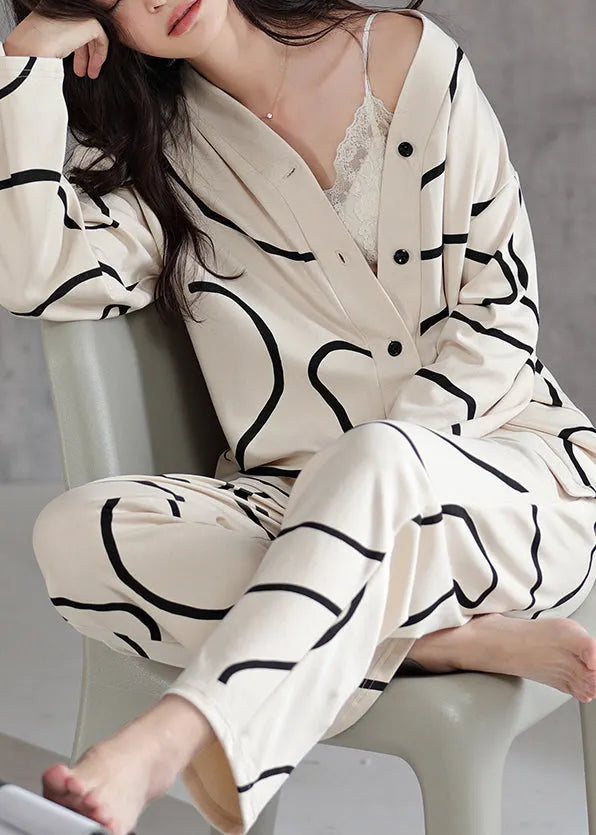 French Apricot Striped Button Cotton Pajamas Two Piece Set Fall