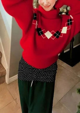 Loose Red Turtle Neck Print Knit Sweater Tops Winter