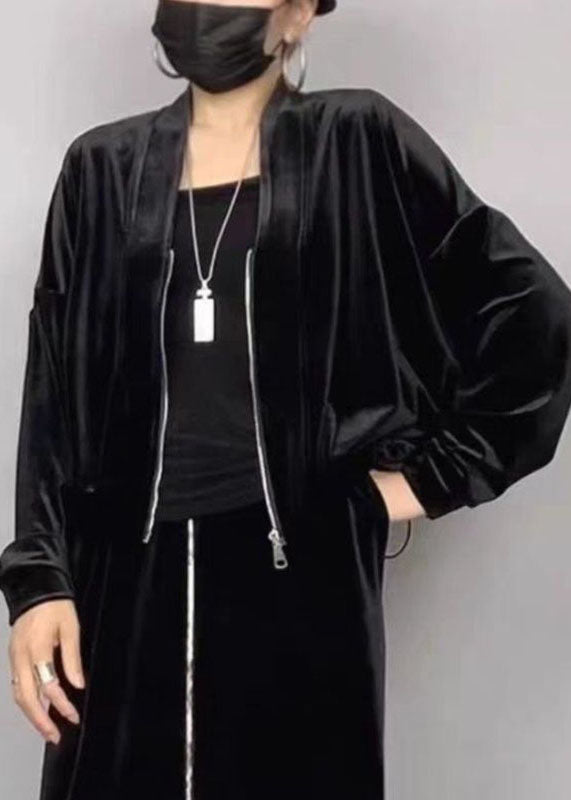 New Black V Neck Zippered Silk Velvet Coat Batwing Sleeve