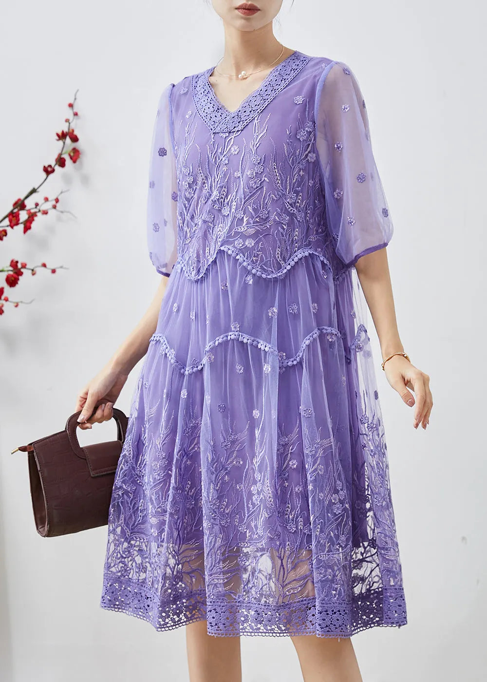 Purple Embroidered Tulle Party Dress Summer