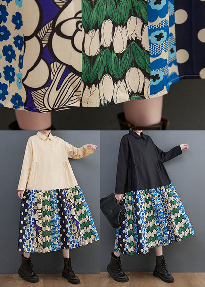 Black Patchwork Cotton a Line Dress Oversized Print Fall