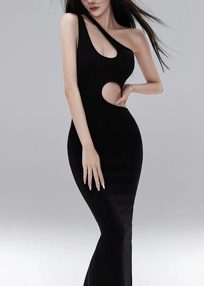 Italian Black One Shoulder Asymmetrical Hollow Out Maxi Dresses Sleeveless