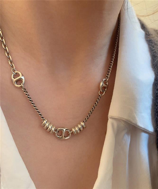 Gold Stainless Steel Chain Linked Patchwork Pendant Necklace