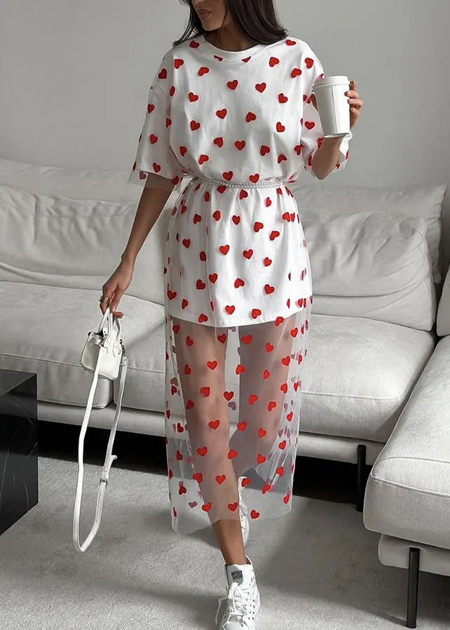 Pink O Neck Heart Patchwork Tulle T Shirt Dress Summer