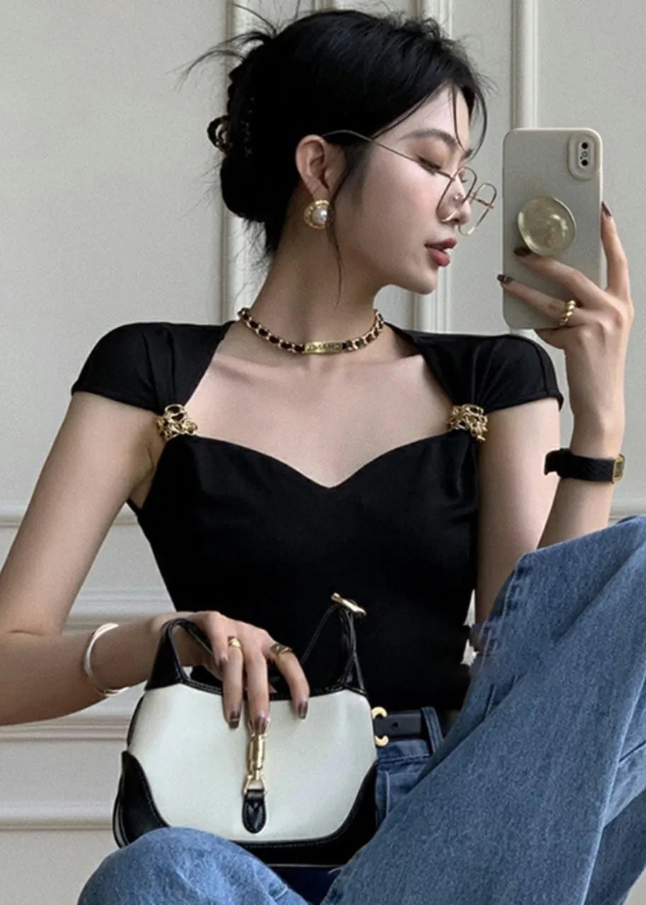 Black Strapless Tops Short Sleeve