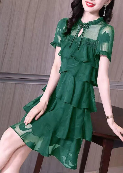 French Green Layered Ruffled Patchwork Chiffon Dresses Summer