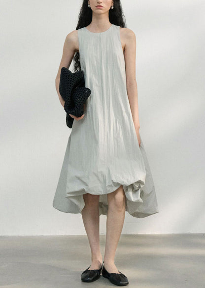 Italian Light Grey O Neck Asymmetrical Design Cotton Dress Sleeveless