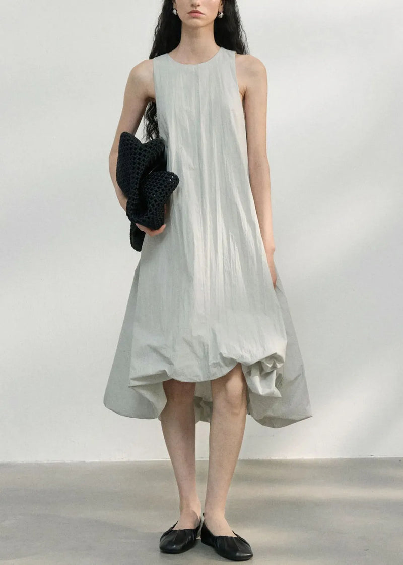 Italian Light Grey O Neck Asymmetrical Design Cotton Dress Sleeveless