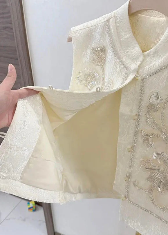 Chinese Style Beige Embroidered Patchwork Sequins Waistcoat Fall
