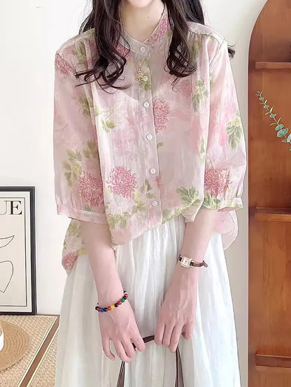 Summer Flower Ramie Button-up Shirt