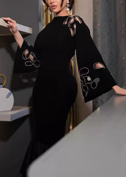 Black Hollow Out Lace Up Patchwork Cotton Dress Fall