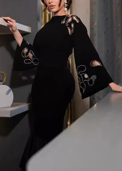Black Hollow Out Lace Up Patchwork Cotton Dress Fall