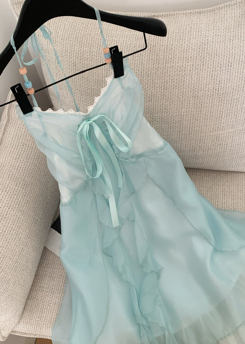 Blue V Neck Ruffled Lace Up Chiffon Long Dresses Sleeveless