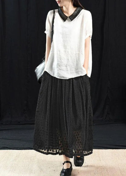 White Flowers and Birds Patchwork Turn-down Collar Summer Short Sleeve Top