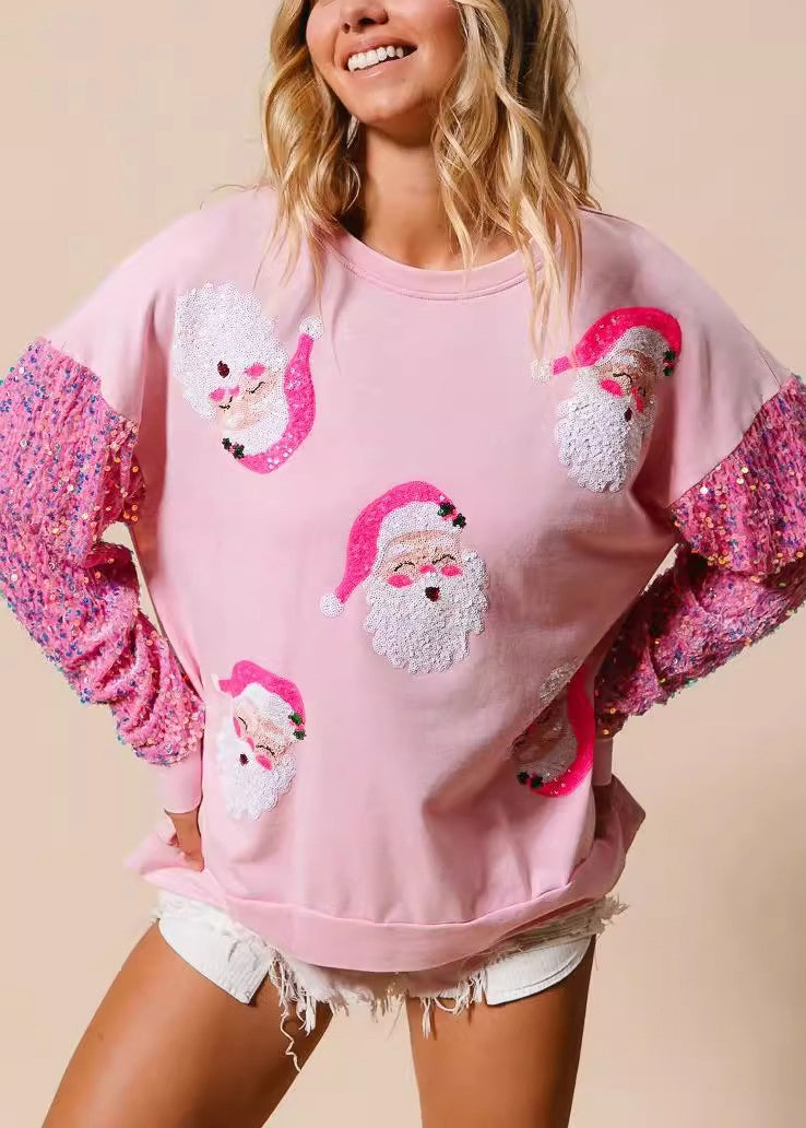 New Pink Sequin Spliced Christmas Long Sleeved Sweatshirt