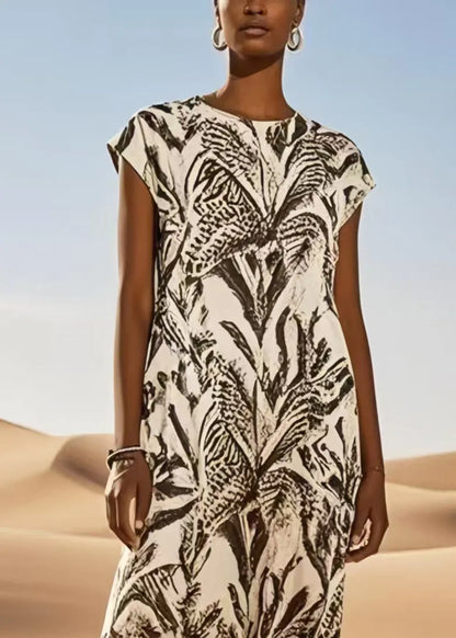Art Brown Print Cotton Long Dress Summer
