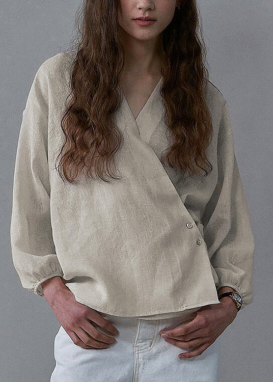 New Chinese Style V Neck Loose Linen Top Spring