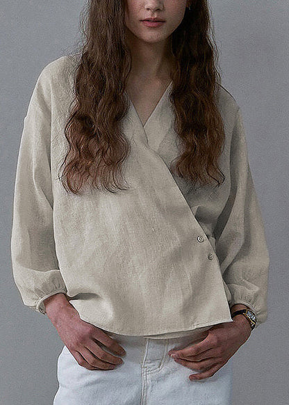 New Chinese Style V Neck Loose Linen Top Spring
