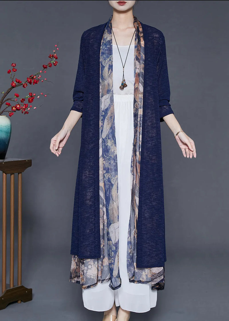 Navy Patchwork Silk Cardigan Fake Two Piece Summer