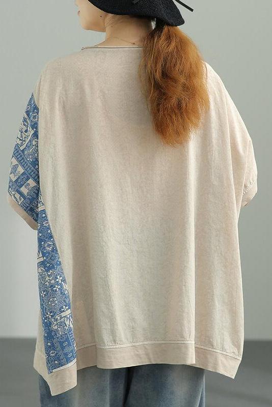 Cotton Linen Patchwork Stitching Split T-shirt