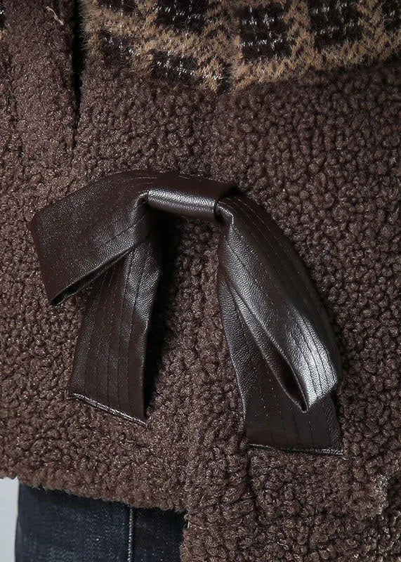 Khaki Peter Pan Collar Pockets Plaid Faux Fur Coats Winter
