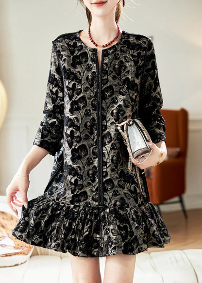 Red O Neck Ruffled Patchwork Velvet Mid Dress Spring