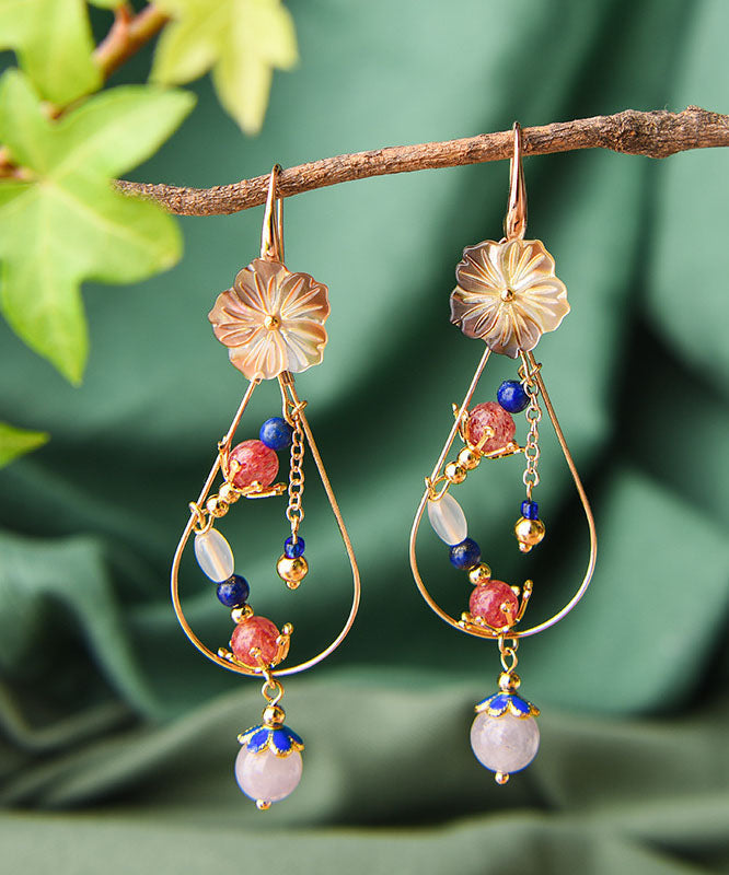 Fine Purple Crystal Shellfish Flower 14k Gold Hollow Out Drop Earrings
