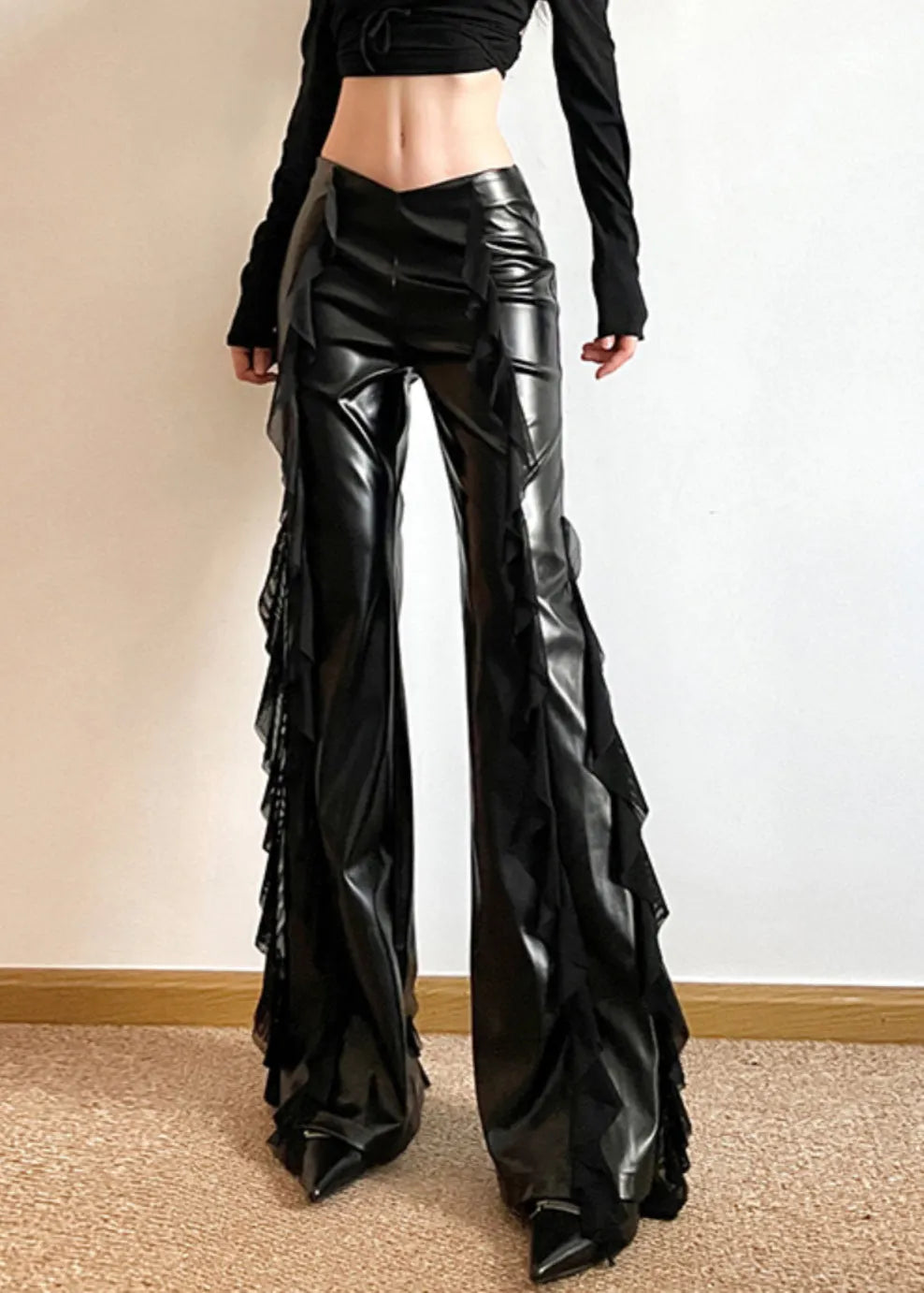Black Ruffled Patchwork Asymmetrical Faux Leather Wide Leg Pants