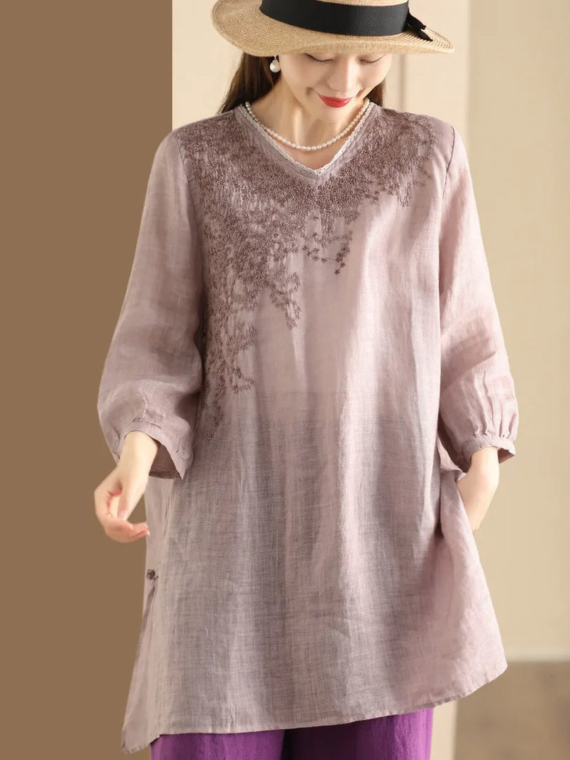 Summer Artsy Embroidery Ramie Long Shirt