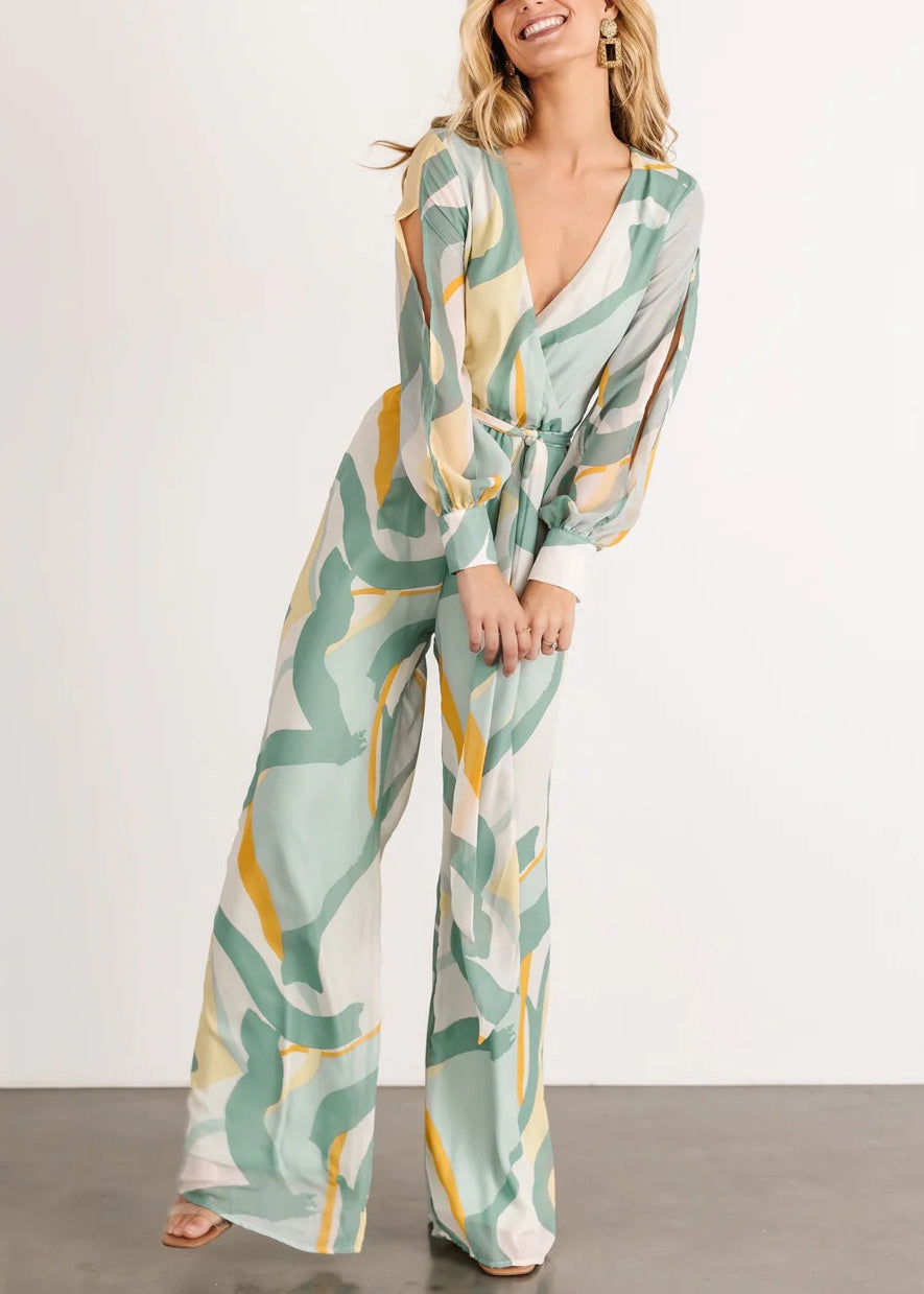 Green V Neck Print Chiffon Jumpsuit Long Sleeve