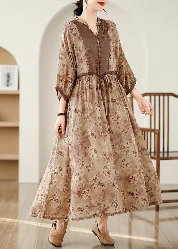 Khaki Print Tie Waist Pockets Cotton Long Dresses Fall