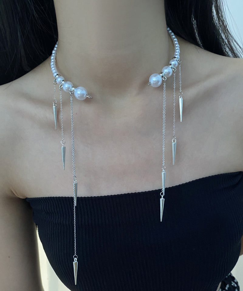 White Copper Pearl Beading Tassel Pendant Necklace