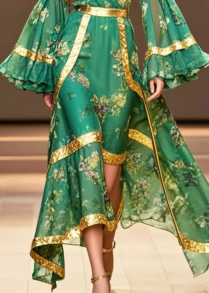 Tea Green Cold Shoulder Print Chiffon Ankle Dress Flare Sleeve