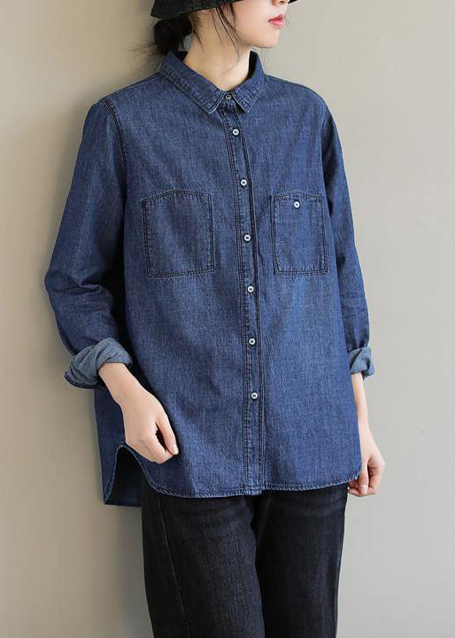 Diy Lapel Pockets Spring Clothes for Pattern Denim Blue Shirt