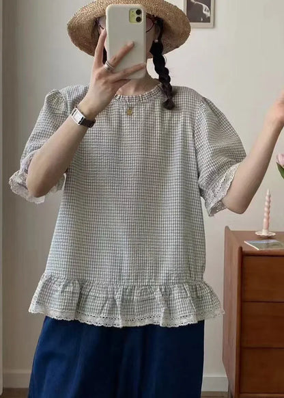 Art Apricot Ruffles Plaid Cotton Shirt Summer