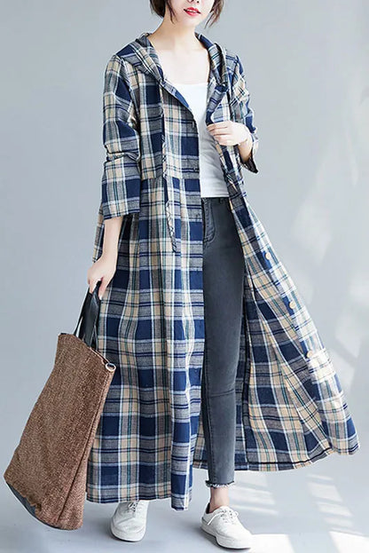 Cotton Linen Plaid Dress Hooded Cardigan