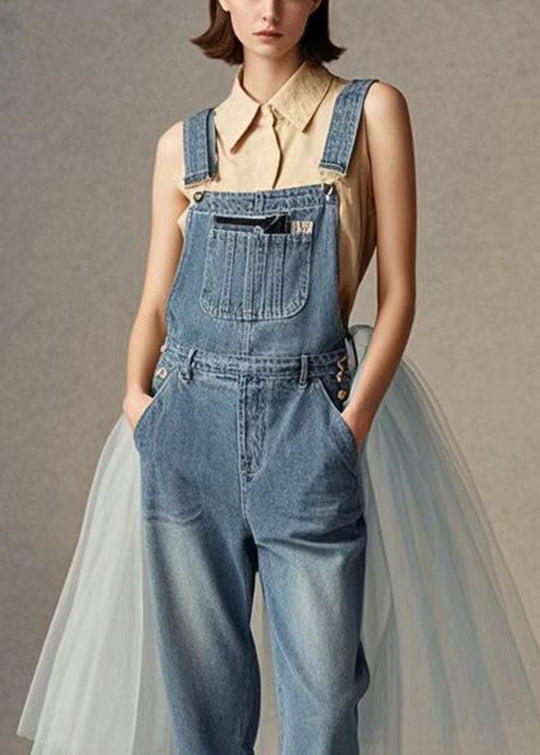 Blue Tulle Patchwork Denim Jumpsuit Spring