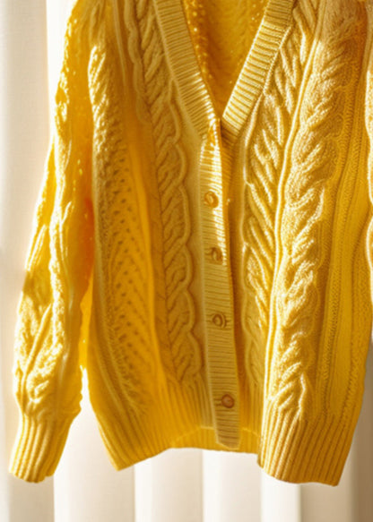 Yellow Hollow Out Button Knit Cardigans Fall