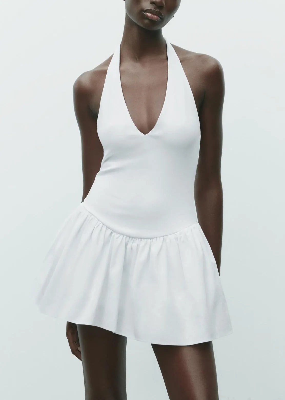 White Wrinkled Cotton Mini Dress Backless Summer
