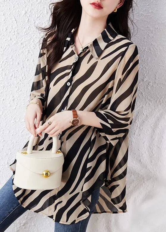 Brown Oversized Striped Chiffon Shirt Top Summer