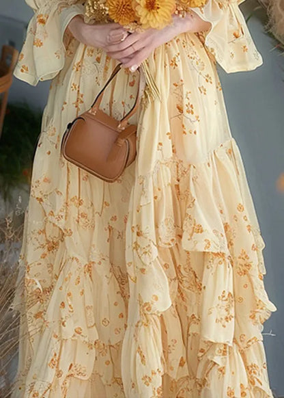 Yellow Ruffled Print Chiffon Dress Flare Sleeve